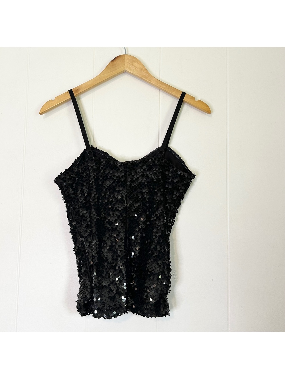 Guess Black Sequins V-Cut Sexy Sparkle Shimmer Spaghetti Strap Top Women's Large